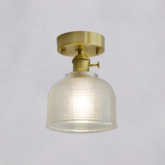 Minimalist Brass 1-Head Ceiling Light With Carved Glass Shade For Corridors