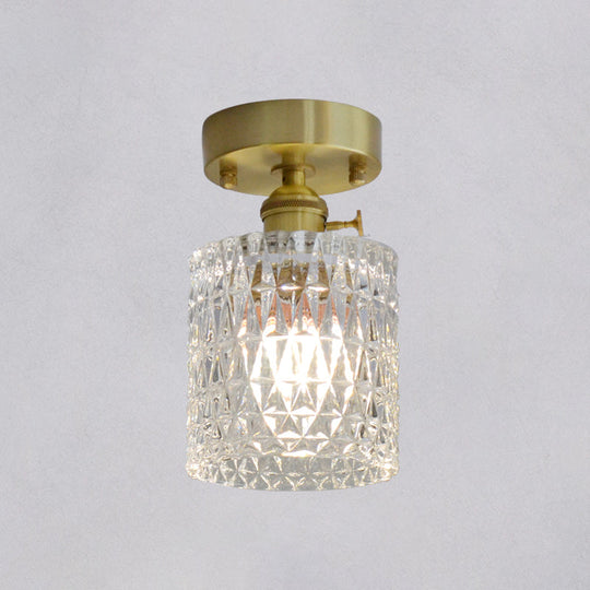 Minimalist Brass 1-Head Ceiling Light With Carved Glass Shade For Corridors