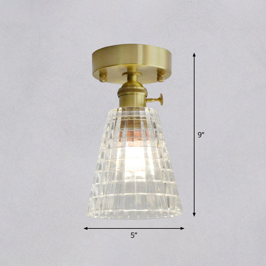 Minimalist Brass 1-Head Ceiling Light With Carved Glass Shade For Corridors