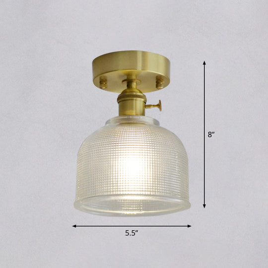 Minimalist Brass 1-Head Ceiling Light With Carved Glass Shade For Corridors