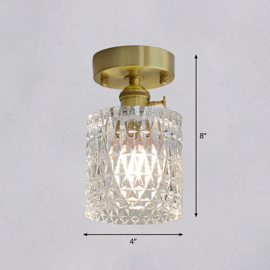 Minimalist Brass 1-Head Ceiling Light With Carved Glass Shade For Corridors