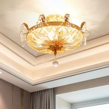 Vintage Brass Semi Flush Mount Ceiling Light With Amber Glass - 5-Light Shaded Lighting For Living