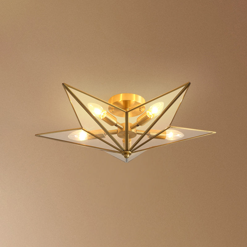 Vintage Brass Semi Flush Mount Ceiling Light With Amber Glass - 5-Light Shaded Lighting For Living