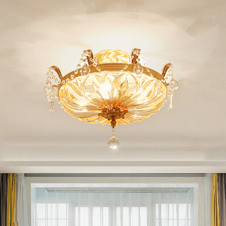Vintage Brass Semi Flush Mount Ceiling Light With Amber Glass - 5-Light Shaded Lighting For Living