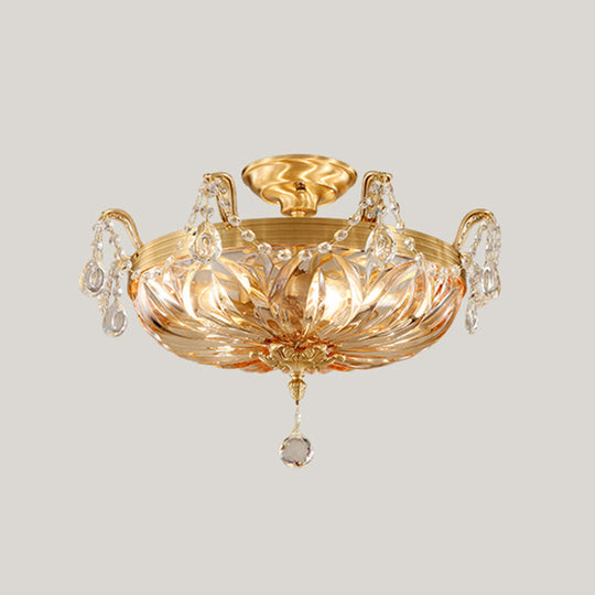 Vintage Brass Semi Flush Mount Ceiling Light With Amber Glass - 5 - Light Shaded Lighting For
