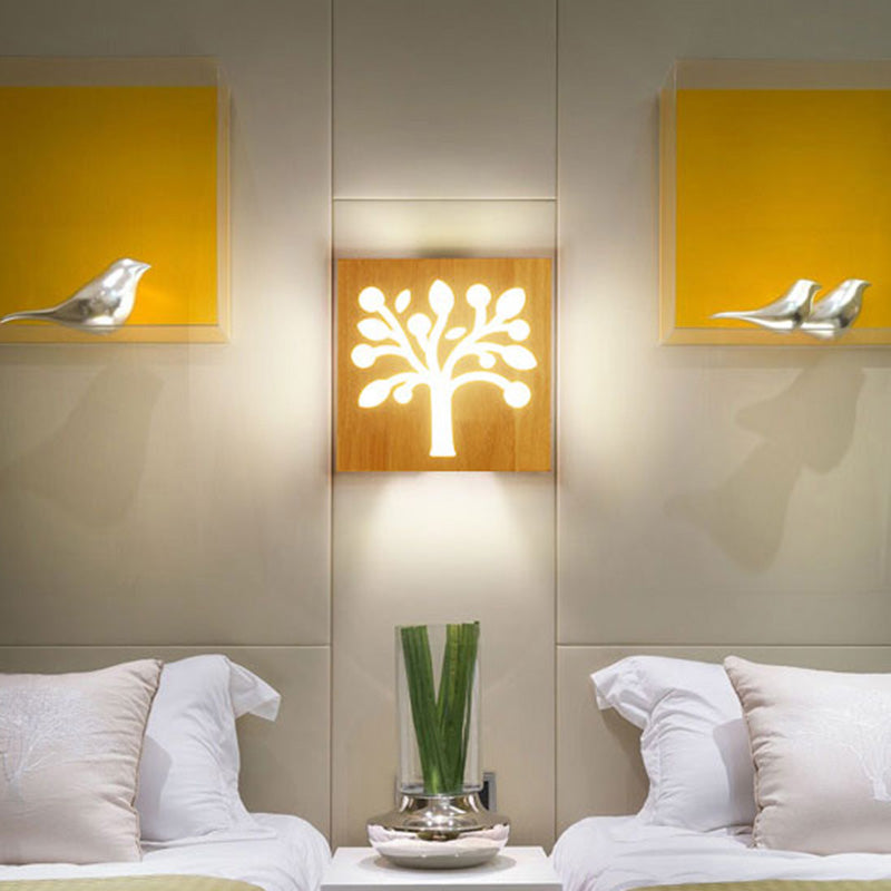 Modern Art Deco Led Wall Sconce - Square Flush Mount Wooden Corridor Light Fixture