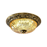 Antiqued Brass Bowl Ceiling Lamp: Traditional Carved Glass Flush Mount Light