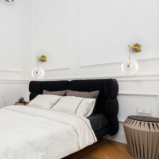 Transparent Glass Bedside Led Wall Lamp In Gold - Minimalist Sphere Hanging Light