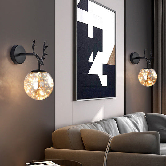 Minimalist Led Bedroom Sconce With Antler And Glass Design - Wall Mount Lamp Starry String