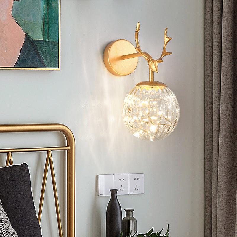 Minimalist Led Bedroom Sconce With Antler And Glass Design - Wall Mount Lamp Starry String