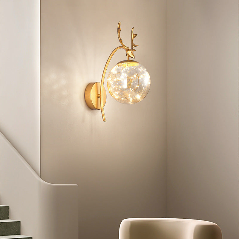 Nordic Ball Wall Mount Led Glass Stairs Sconce Light With Antler Decor - Starry Illumination