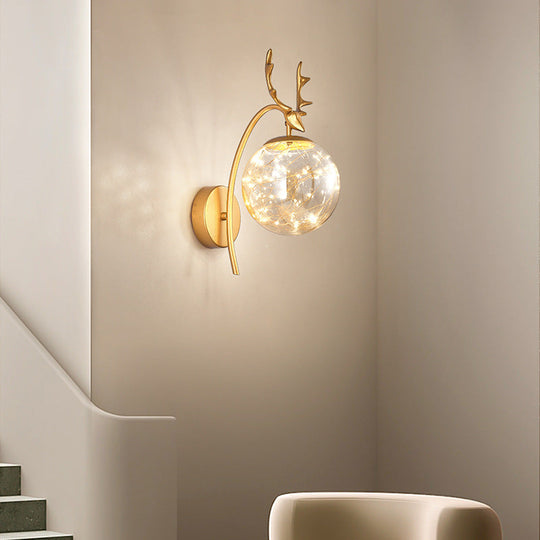 Nordic Ball Wall Mount Led Glass Stairs Sconce Light With Antler Decor - Starry Illumination