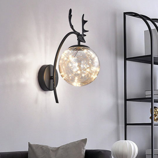 Nordic Ball Wall Mount Led Glass Stairs Sconce Light With Antler Decor - Starry Illumination