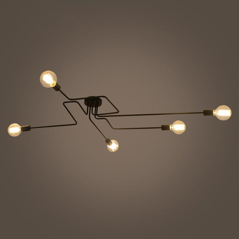 Country Style Ceiling Mounted Lamp: 5 - Light Semi Flush Mount In Black Exposed Bulb Design