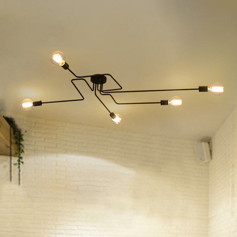 Country Style Ceiling Mounted Lamp: 5 - Light Semi Flush Mount In Black Exposed Bulb Design