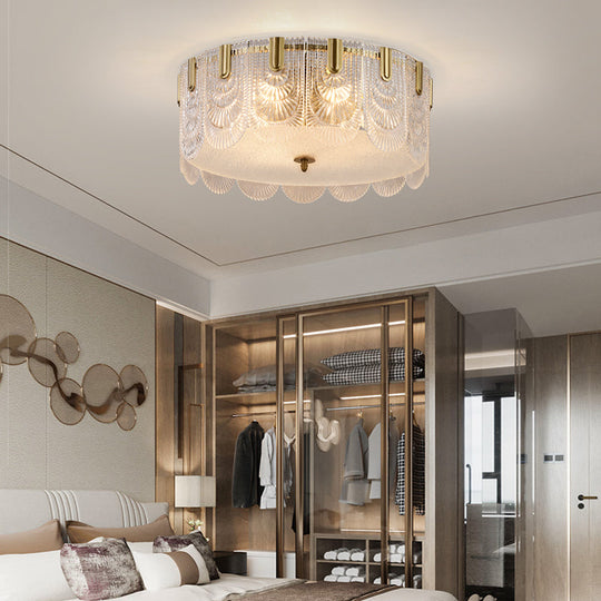 Clear Textured Glass Drum Ceiling Light With Scalloped Edge - Contemporary Flush Mount Fixture