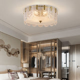 Clear Textured Glass Drum Ceiling Light With Scalloped Edge - Contemporary Flush Mount Fixture