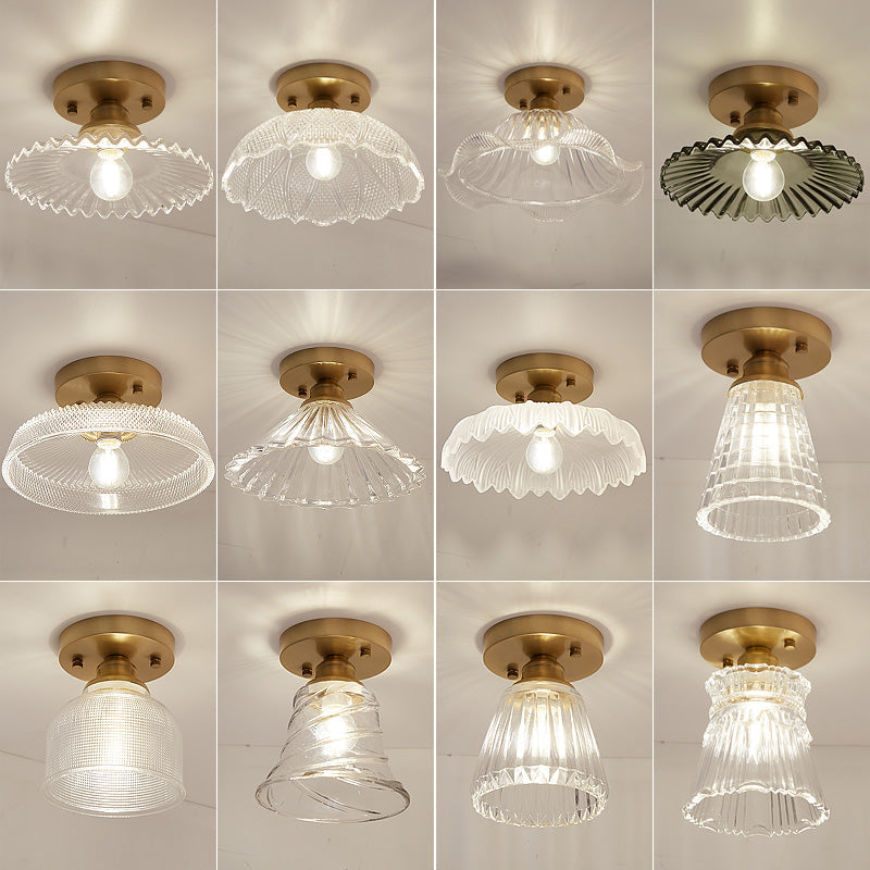 Brass Semi Flush Mount Ceiling Light For Aisle: Textured Glass 1 - Light Industrial Style