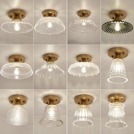 Brass Semi Flush Mount Ceiling Light For Aisle: Textured Glass 1-Light Industrial Style