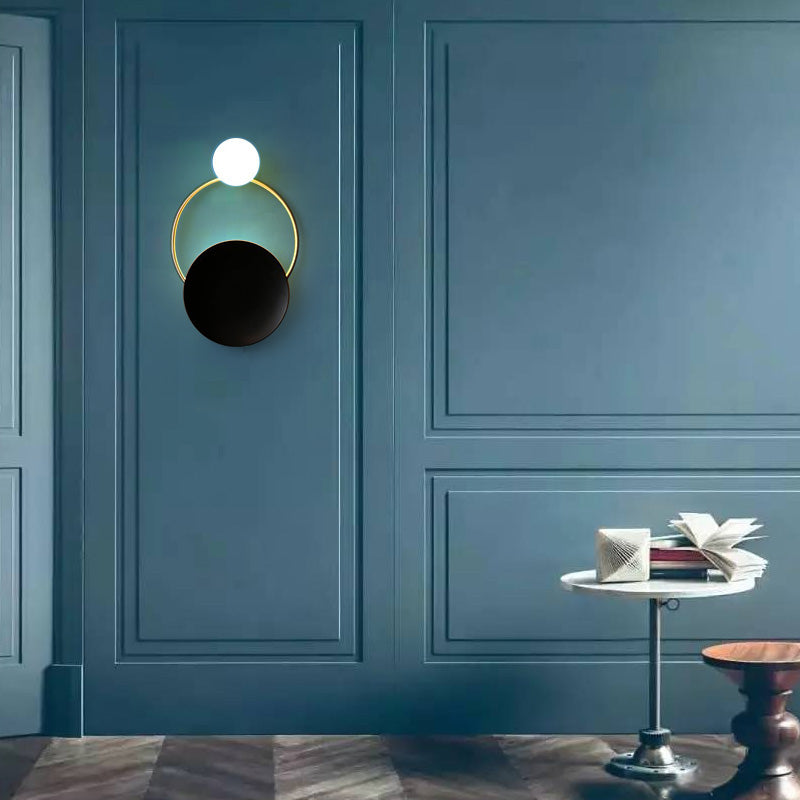 Creative Circle Wall Sconce Cream Glass 1-Head Corridor Light In Black-Brass - Postmodern Design