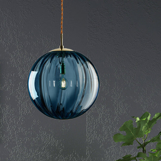 Modern Blue/Purple/Smoky Ribbed Glass Sphere Pendant Light - Led Hanging Ceiling Lamp For Bedroom