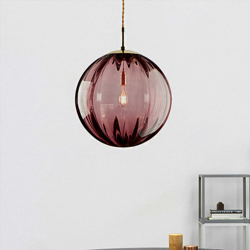 Sleek Sphere Pendant Light: Modern Blue/Purple/Smoky Ribbed Glass Led Ceiling Lamp For Bedroom