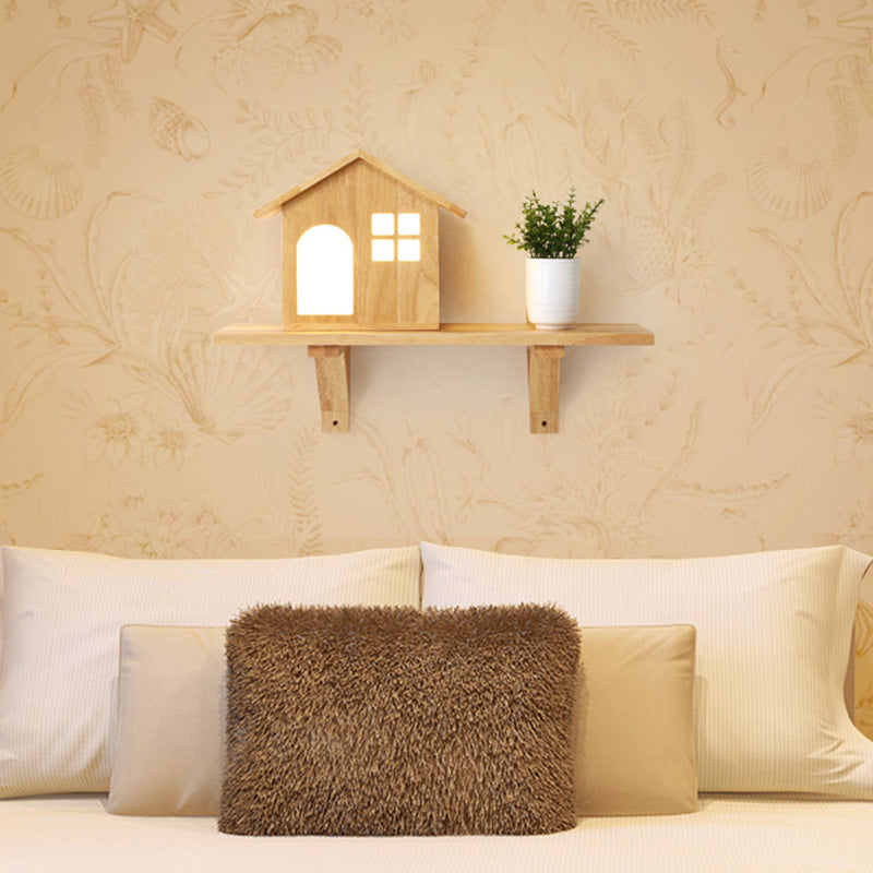 Cottage Led Wall Sconce With Decorative Wood Accent & Shelf For Bedroom Lighting