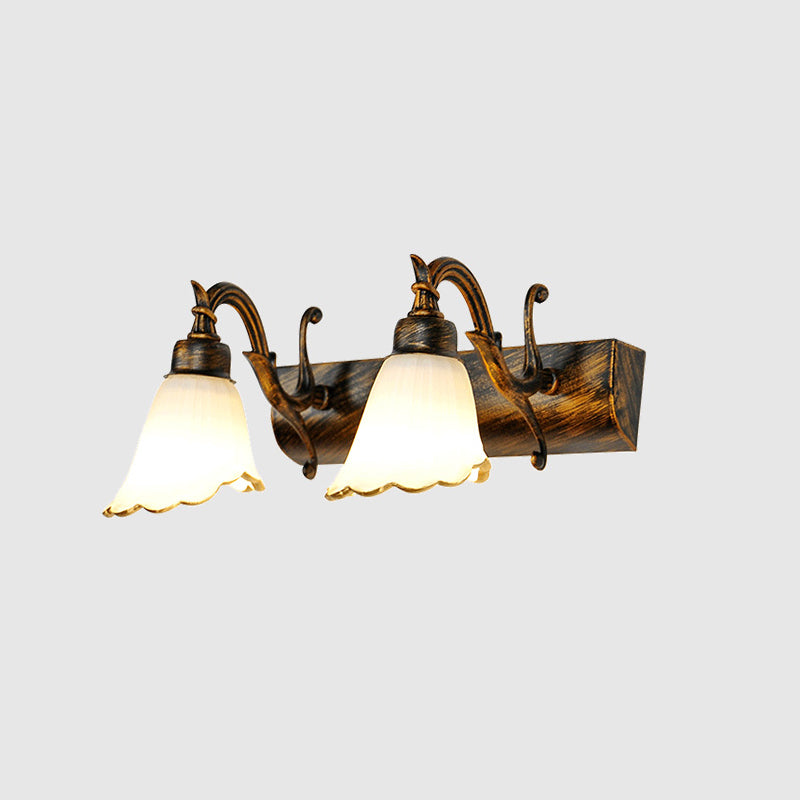 Bronze Wall Lamp With Country Flower Shade And White Rid Glass For Vanity Lighting 2 /