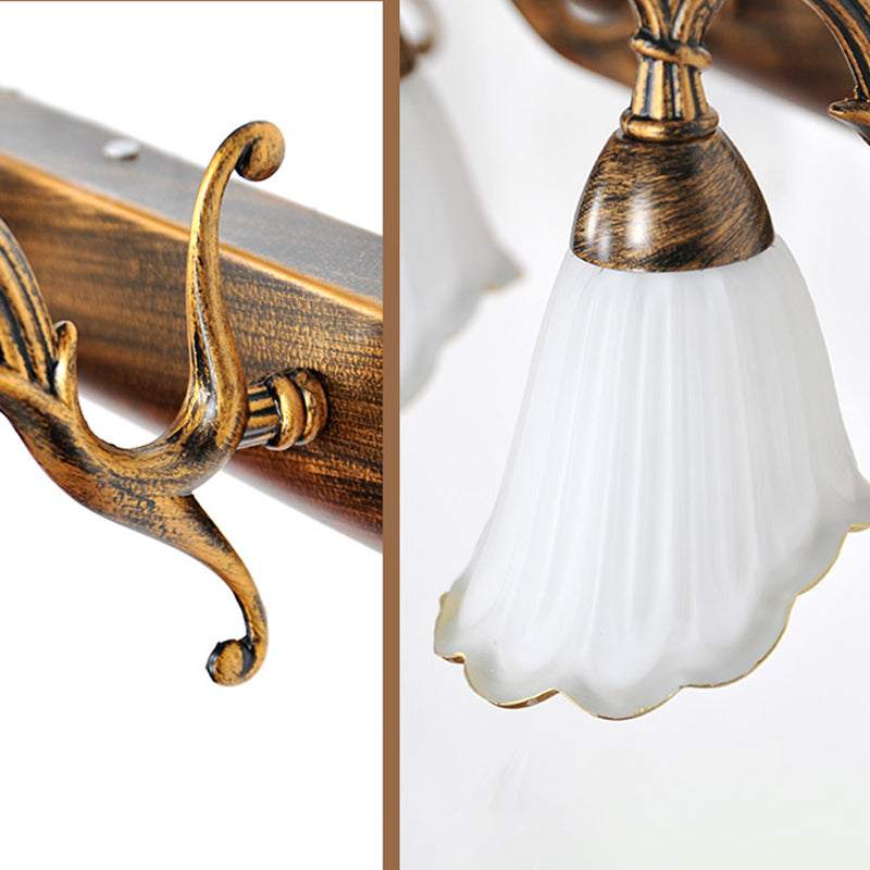Bronze Wall Lamp With Country Flower Shade And White Rid Glass For Vanity Lighting