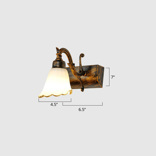 Bronze Wall Lamp With Country Flower Shade And White Rid Glass For Vanity Lighting