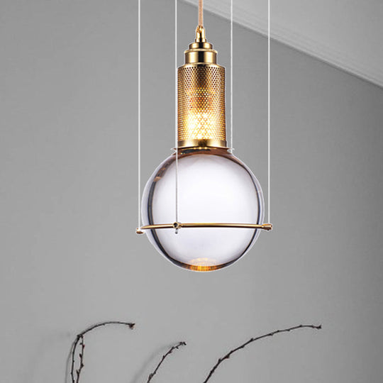 Clear Crystal Ball Pendant Lamp With Led Light - Modern Design Gold Mesh Cage Bedroom Hanging In