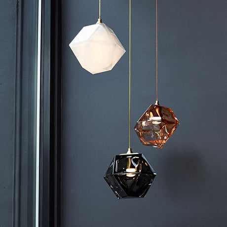 Modern Diamond Suspension Pendant Lamp With Textured White/Amber/Smoke Glass Led Hanging Light
