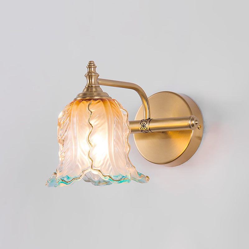 Ombre Glass Flower Wall Sconce: Traditional Brass Vanity Light For Bathroom Mirror 1 /