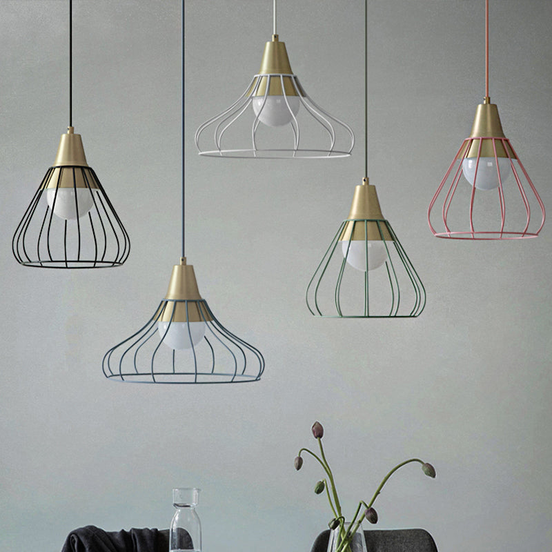 Modern Metal Cone Pendant Light With Wire-Cage Shade - 1 9’/13’ Wide