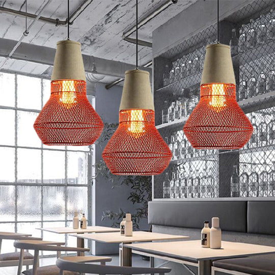Contemporary Stone Cone Pendant Lamp - 1 Light Hanging Ceiling For Restaurants Black/Red Wire-Cage
