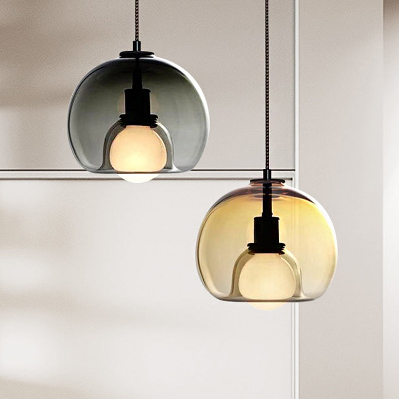 Contemporary Amber/Smoke Glass Dome Pendant - Black Hanging Lamp For Bedroom