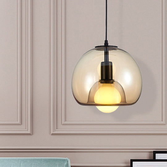 Contemporary Amber/Smoke Glass Dome Suspension Pendant - Black Hanging Lamp For Bedroom