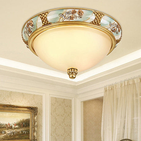 Traditional Brass Bowl Shaped Flushmount Light - Frosted Glass 3 Lights 15/19 Wide / 15