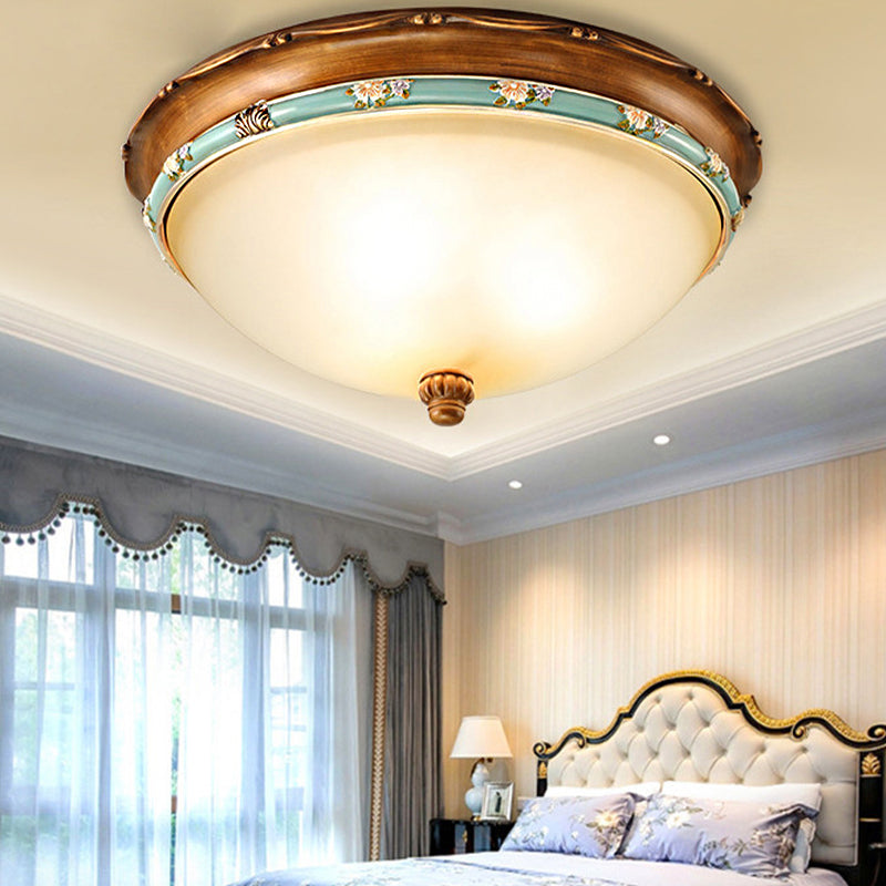 Traditional Brown Bowl Shaped Bedroom Ceiling Light Fixture - 3 Lights Frosted Glass