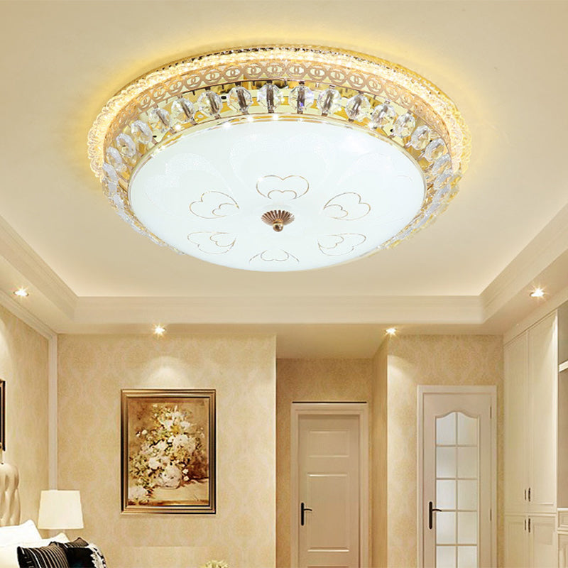 Modern Gold Flush Mount Ceiling Light With Opal Glass Led And Crystal Accent - 16’/19.5’ W