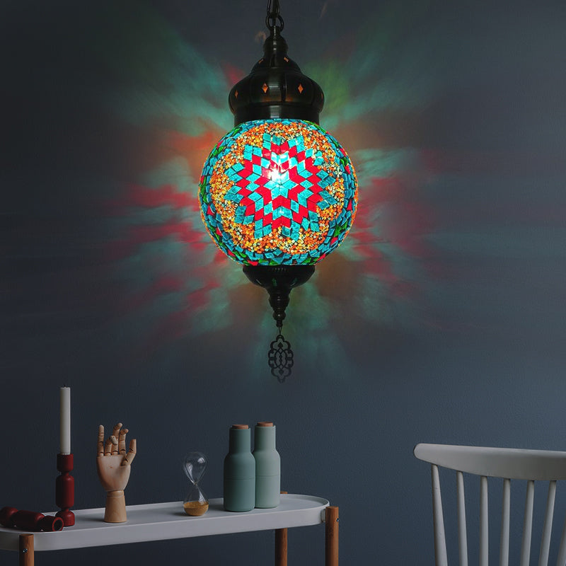 Suspended Sphere Ceiling Light Fixture - 1/4 Bulbs Tradition Red/Blue/Gold Glass Design For
