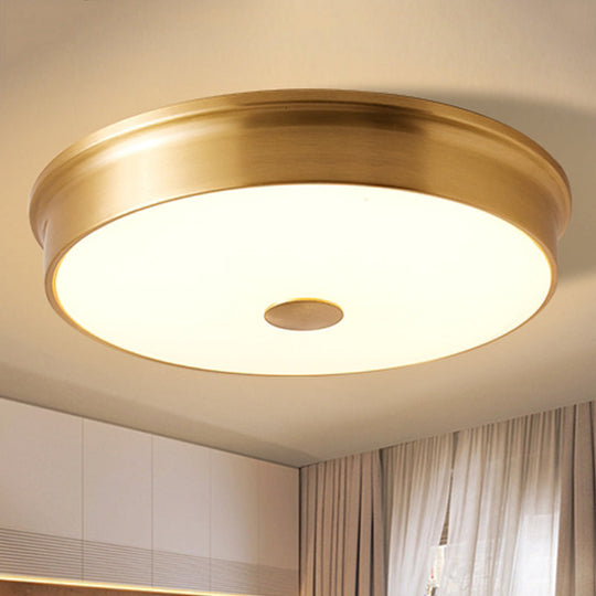 Led Drum Flush Mount Lighting White Glass Ceiling Fixture For Living Room In Warm/White Light