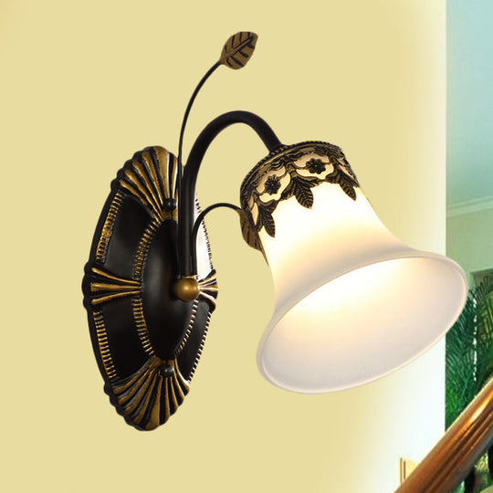 Vintage Frosted Glass Wall Sconce With Curved Arm - Black Bell 1/2-Light Fixture For Foyer
