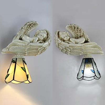 Country Style Resin Sleeping Angel Leaf Wall Sconce Light - Stained Glass Clear/Beige