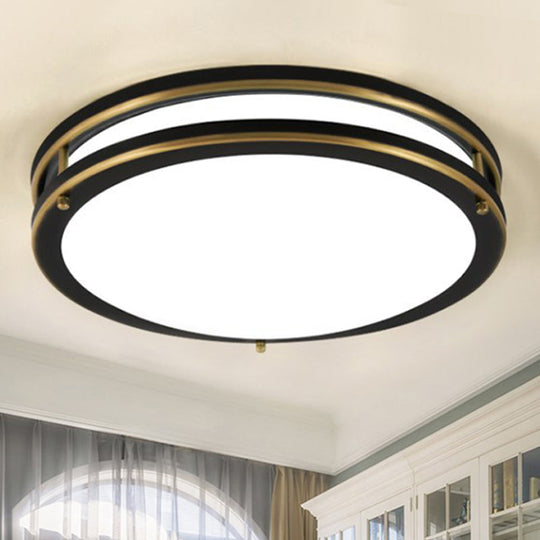 Led Ceiling Mount Drum Flush Light Fixture For Corridor - Black/Brass Finish With Warm/White