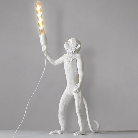 Art Deco 1-Head White Monkey Table Lamp - Stylish Resin Nightstand Light With Unique Shadeless