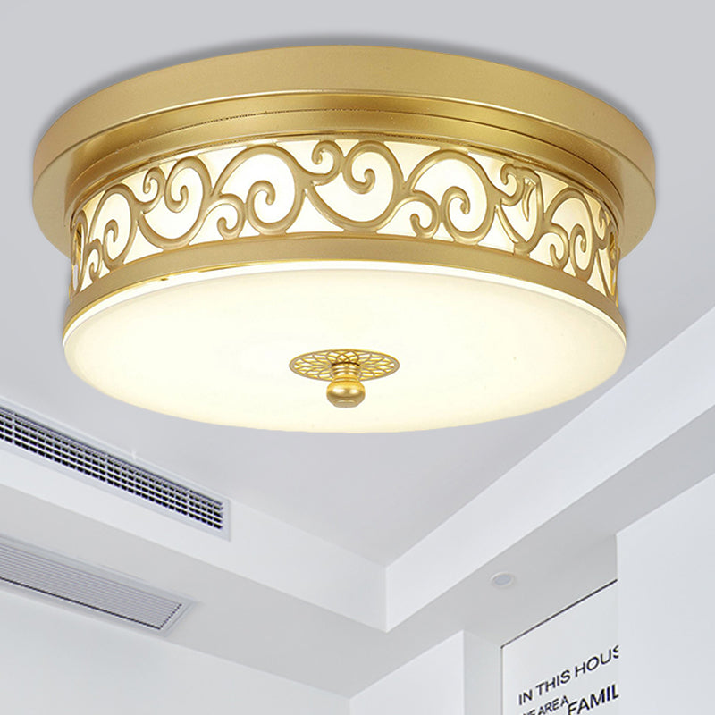 Gold Drum Flush Mount Led Lamp With Classic White Glass - Ideal Living Room Ceiling Light In Or