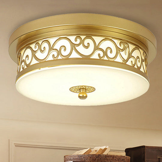 Gold Drum Flush Mount Led Lamp With Classic White Glass - Ideal Living Room Ceiling Light In Or Warm