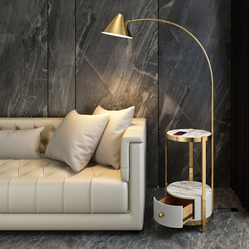 Postmodern Metal Fishing Rod Floor Lamp With Swivel Cone Shade And Marble Tray Cabinet
