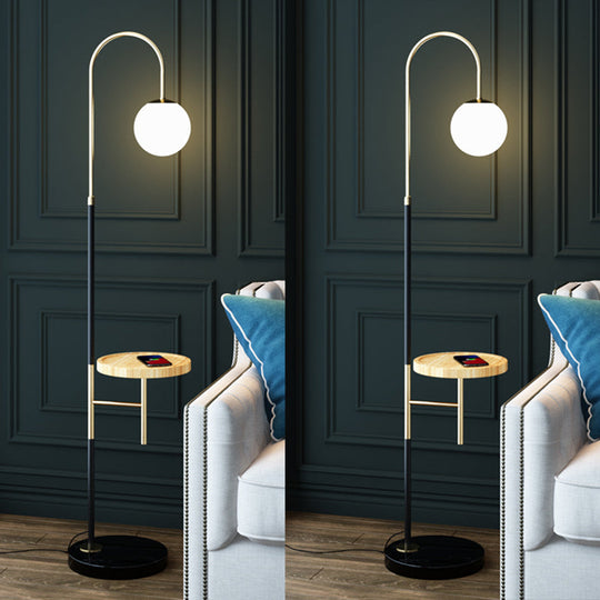 Minimalist Metal Gooseneck Floor Lamp With Single Tray And White Glass Shade Wood
